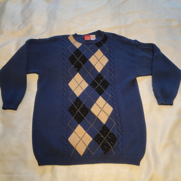 Liz Claiborne Angora Wool Argyle Preppy Sweater Small Navy Blue 90s Vintage - Picture 1 of 5